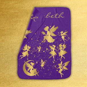 Gold Fairies with Pixie Dust on Purple Monogram   Baby Blanket