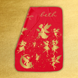 Gold Fairies with Pixie Dust on Red Monogram Baby Blanket