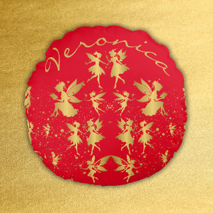 Gold Fairies with Pixie Dust on Red Monogram Round Pillow