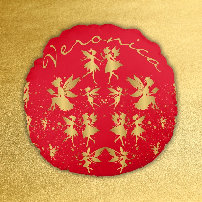 Gold Fairies with Pixie Dust on Red Monogram | Round Pillow (Creator Uploaded)