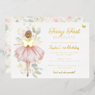 Gold Fairy First 1st Birthday Butterfly Foil Invitation