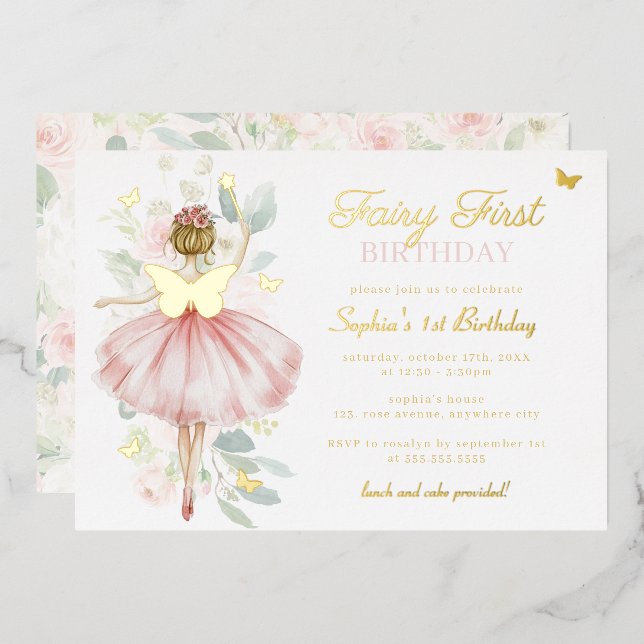 Gold Fairy First 1st Birthday Butterfly   Foil Invitation (Front/Back)