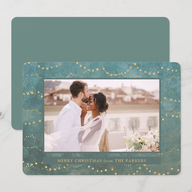 Gold Fairy Lights | Elegant One Photo Christmas Holiday Card (Front/Back)