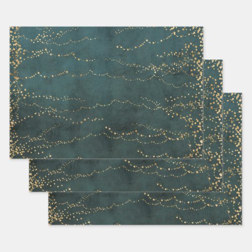 Gold Fairy Lights Green Christmas Holiday Wrapping Paper Sheets