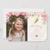 Gold Fairy Pink Floral Birthday Invitation (Front)
