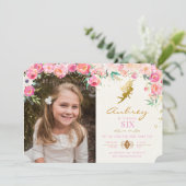 Gold Fairy Pink Floral Birthday Invitation (Standing Front)