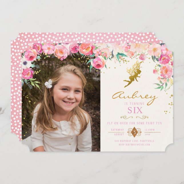 Gold Fairy Pink Floral Birthday Invitation (Front/Back)