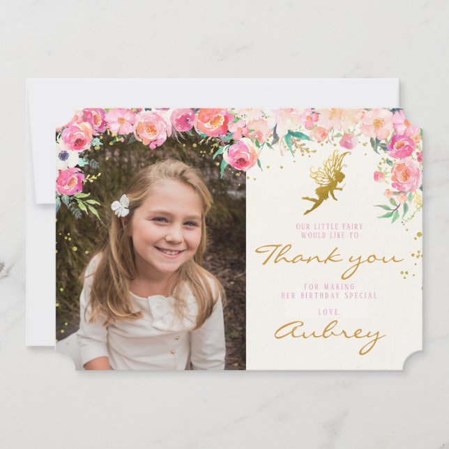 Gold Fairy Pink Floral Thank you card (Front)