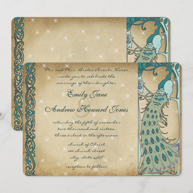 Gold Fairy Tale Peacock Wedding Invitation (Front/Back)