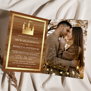 Gold Fairytale Castle Carriage QR Code Wedding Invitation