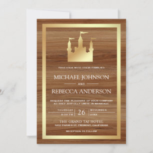 Gold Fairytale Castle Carriage QR Code Wedding Invitation