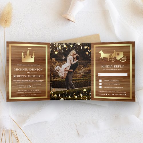 Gold Fairytale Castle Princess Carriage Wedding Tri_Fold Invitation