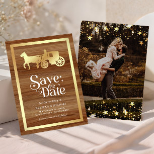 Gold Fairytale Prince Princess Carriage Wedding Save The Date