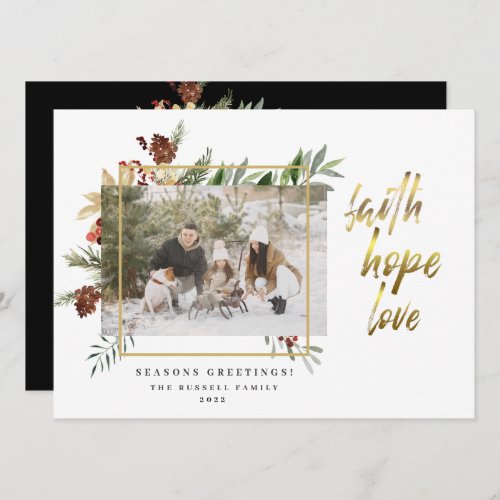 Gold Faith Hope Love 2 Picture Black Christmas Holiday Card