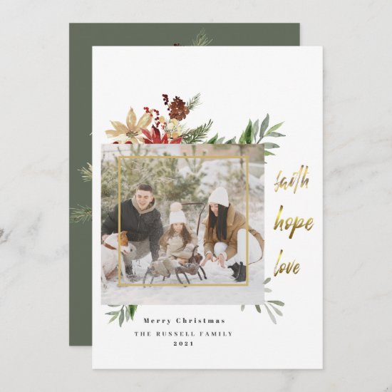 Gold Faith Hope Love 2-Picture Green Christmas Holiday Card