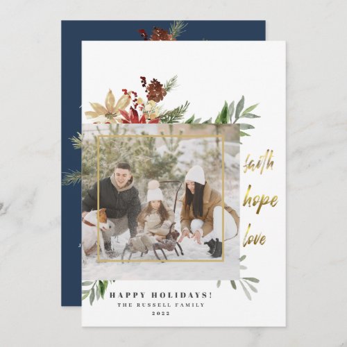 Gold Faith Hope Love Two Photo Blue Christmas Holiday Card