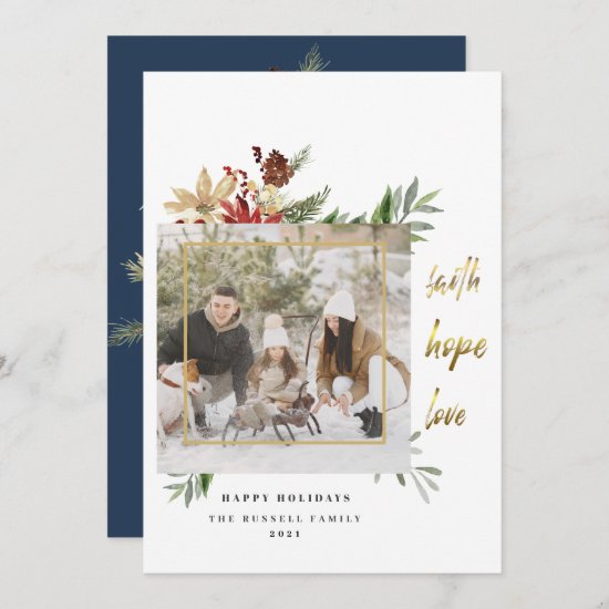 Gold Faith Hope Love Two Photo Blue Christmas Holiday Card