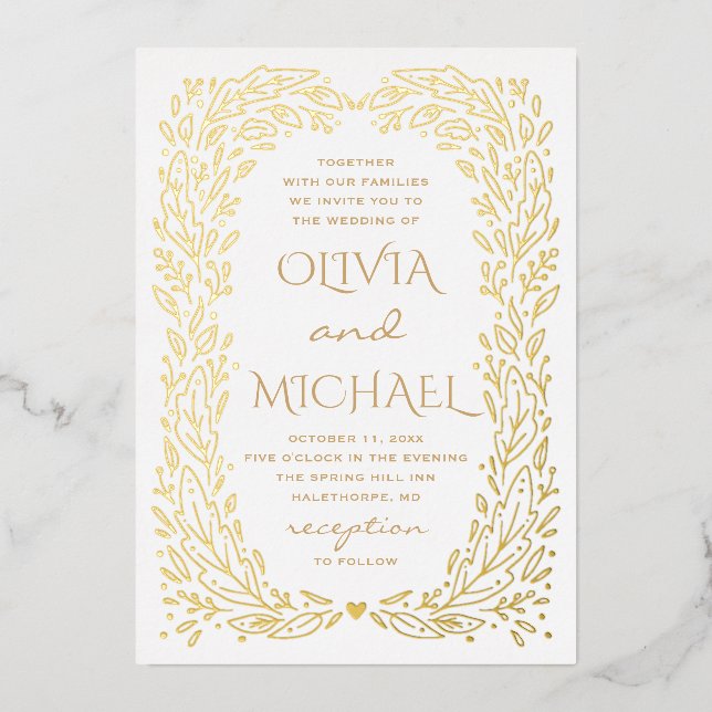 Gold fall botanical wedding. Elegant autumn floral Foil Invitation (Front)