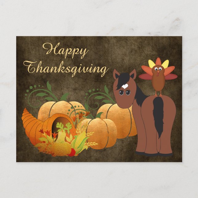 Gold Fall Cute Brown Horse and Turkey Thanksgiving Holiday Postcard (Front)