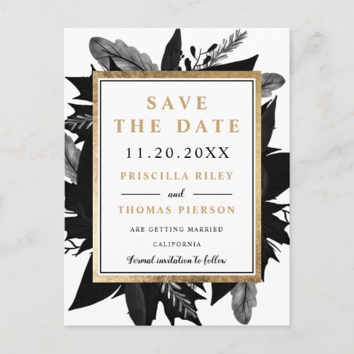 Gold fall floral black watercolor save the date announcement postcard