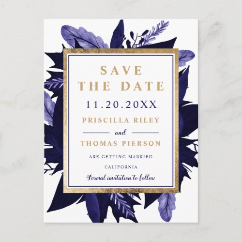 Gold fall floral navy watercolor save the date announcement postcard