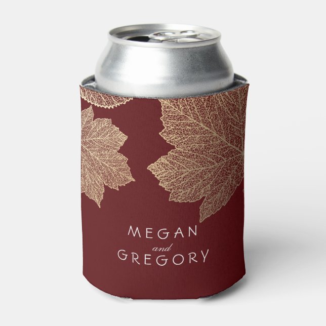 Gold Fall Leaves Burgundy Rustic Wedding Can Cooler (Can Front)