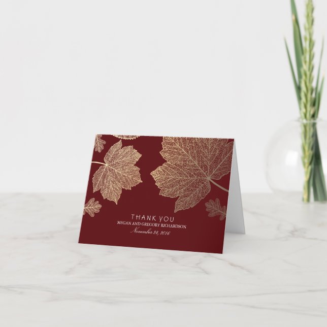 Gold Fall Leaves Burgundy Wedding Thank You (Front)