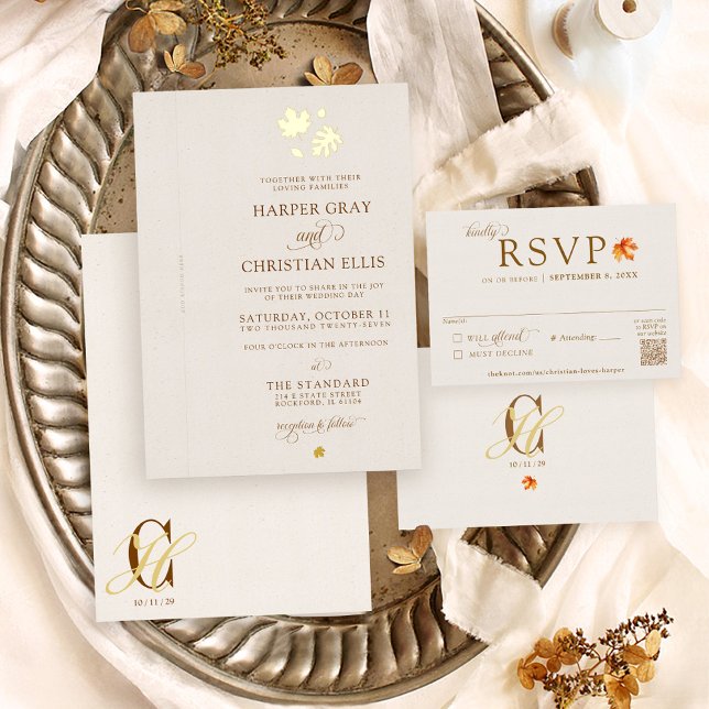 Gold Fall Leaves Elegant Autumn DIY Ribbon Wedding Foil Invitation (Elegant beige gold foil Fall leaf Autumn add your own ribbon simple unique wedding invitation set)