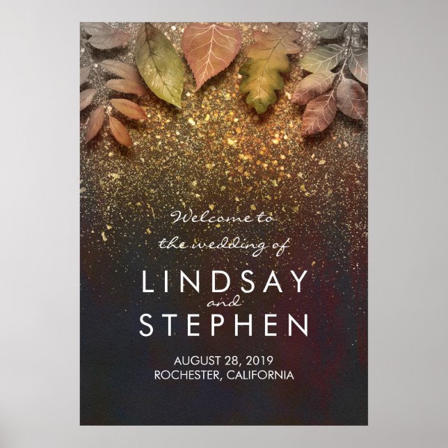 Gold Fall Leaves Glitter Wedding Welcome Sign (Front)