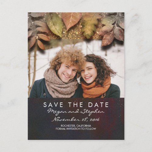 Gold Fall Leaves Photo Save the Date Announcement Postcard