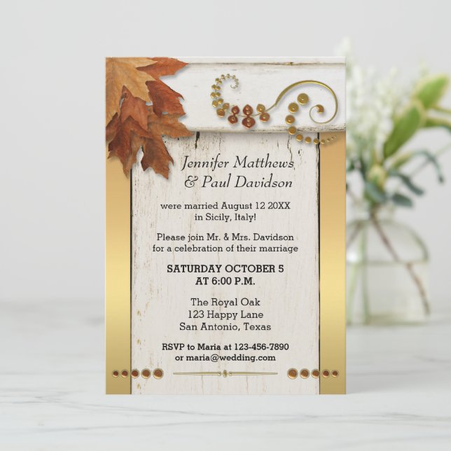 Gold Fall Leaves Post Wedding Party Invitation (Standing Front)