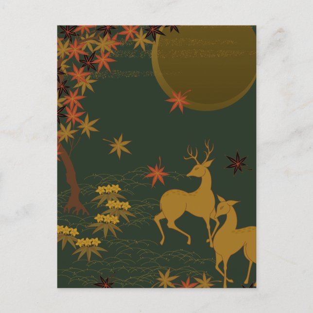 Gold Fall Moon Rustic Forest Nature Deer Holiday Postcard (Front)