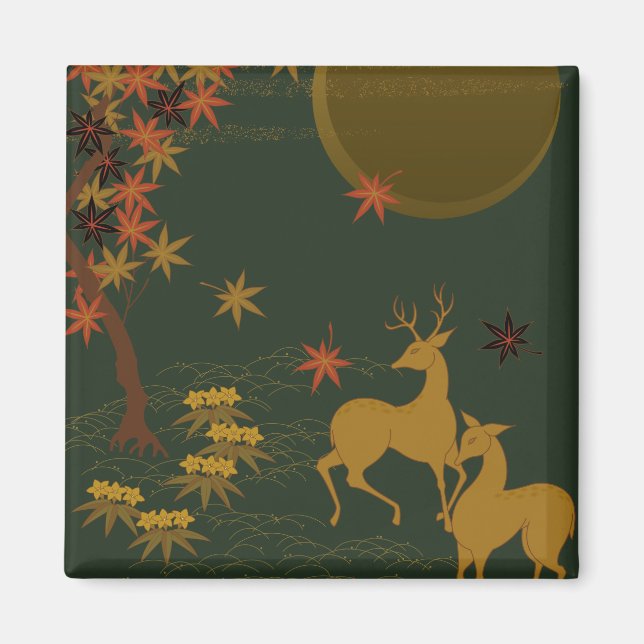 Gold Fall Moon Rustic Forest Nature Deer Magnet (Front)