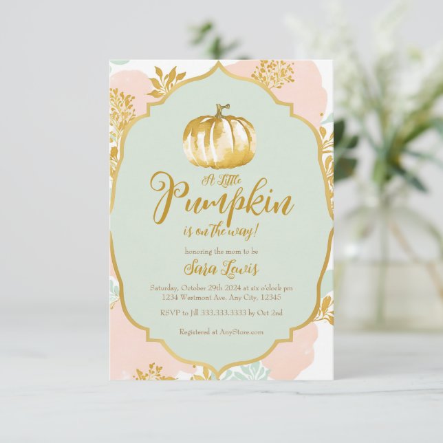 Gold Fall Pumpkin Baby shower invitation (Standing Front)