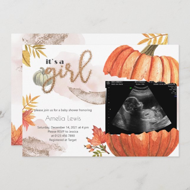 Gold Fall Pumpkin It's A Girl Baby Shower Invitation (Front/Back)