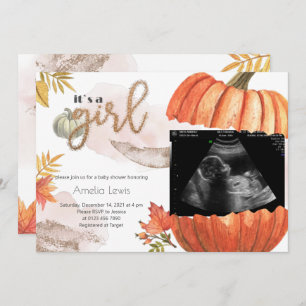 Gold Fall Pumpkin It's A Girl Baby Shower Invitation