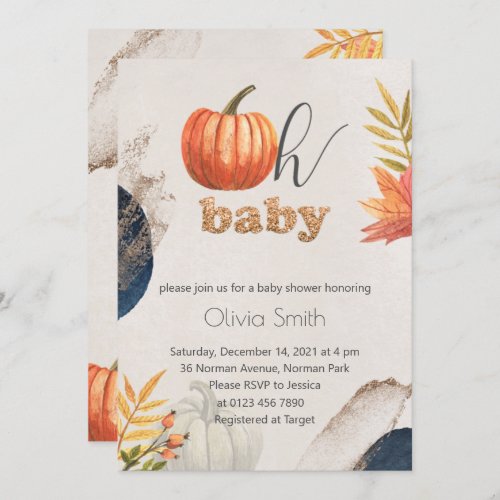 Gold Fall Pumpkin Oh Baby Baby Shower Invitation