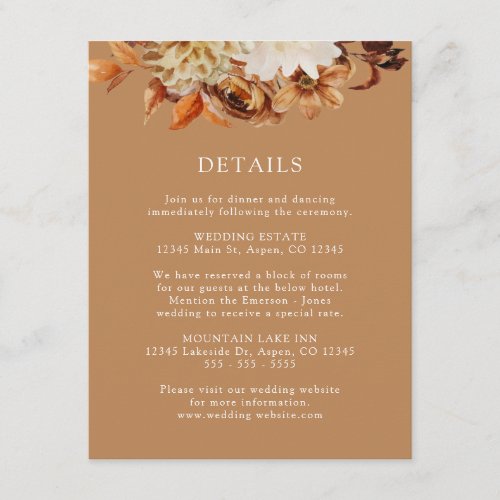 Gold Fall Terracotta Floral Wedding Details Enclosure Card