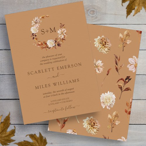 Gold Fall Terracotta Monogram Wreath Wedding Invitation