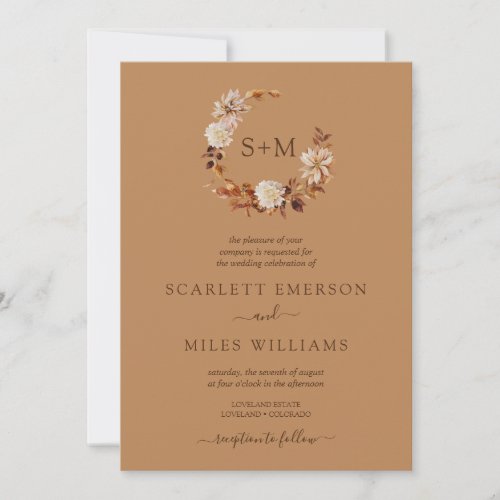 Gold Fall Terracotta Monogram Wreath Wedding Invitation