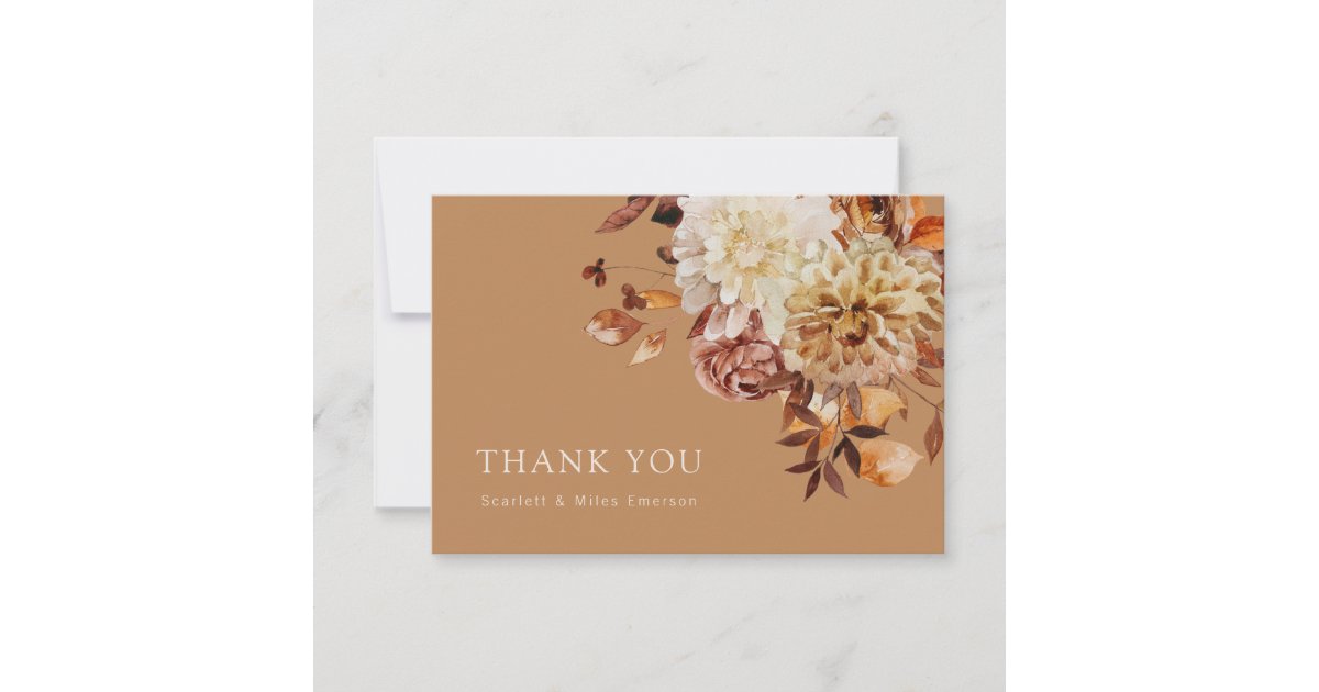 Gold Fall Terracotta Watercolor Floral Wedding Thank You Card | Zazzle