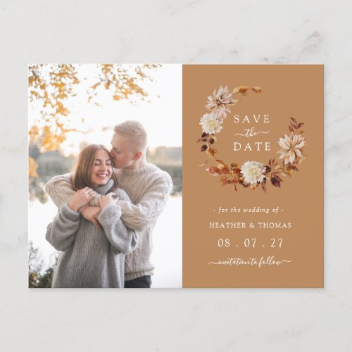 Gold Fall Wreath Wedding Photo Save The Date Announcement Postcard