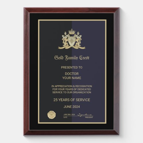 Gold Family Crest Award Plaque