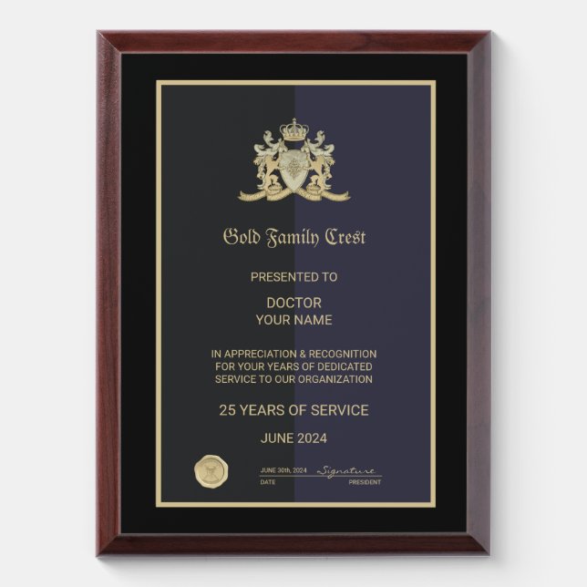 Gold Family Crest Award Plaque (Vertical)