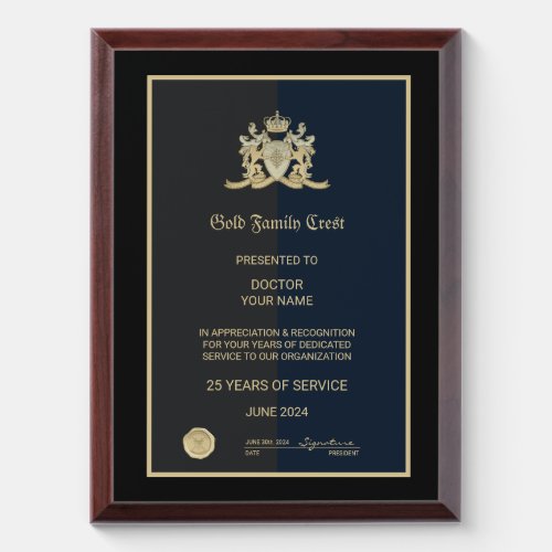 Gold Family Crest Award Plaque