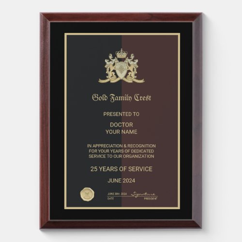 Gold Family Crest Award Plaque