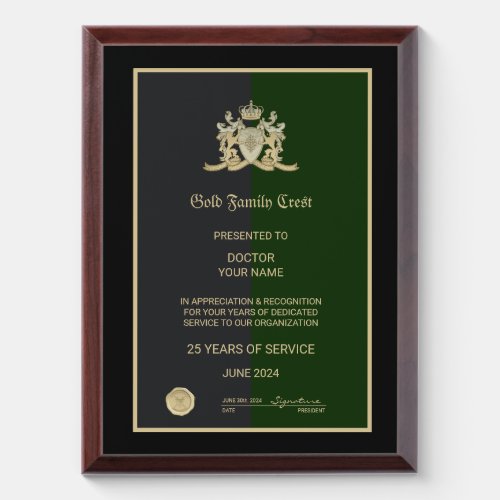 Gold Family Crest Award Plaque