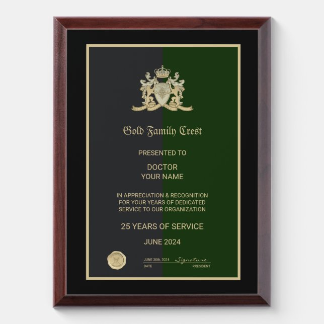 Gold Family Crest Award Plaque (Vertical)
