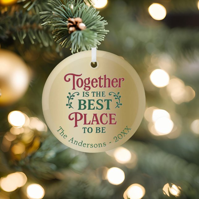 Gold family together quote typography Christmas Glass Ornament (Creator Uploaded)