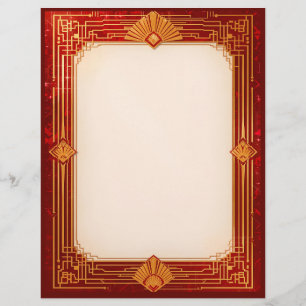 Gold Fan Frame on Red Stationery Paper